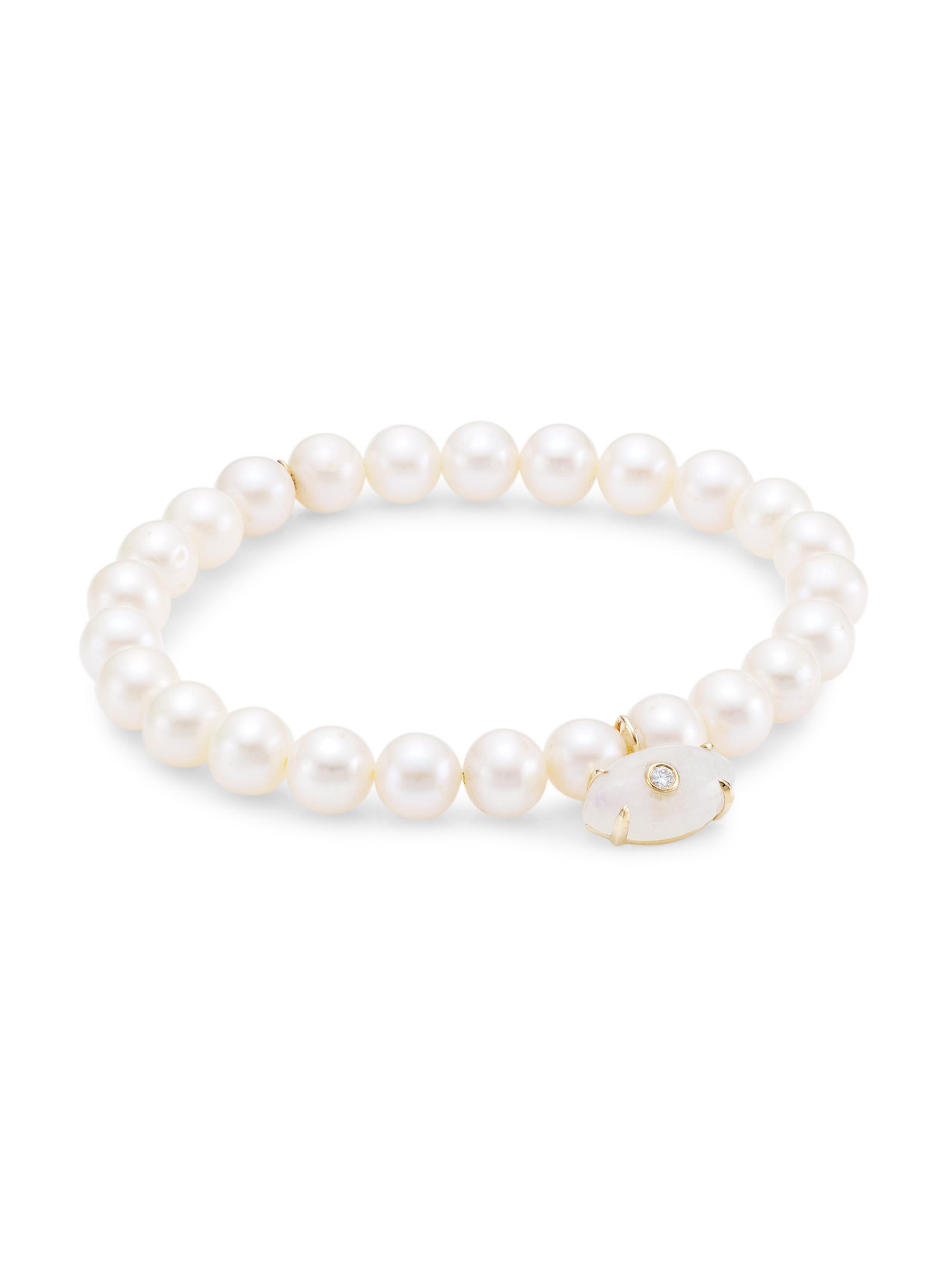 Sydney Evan Women's 14K Yellow Gold, 7MM Freshwater Pearl & Rainbow Moonstone Evil Eye Charm Bracelet - White