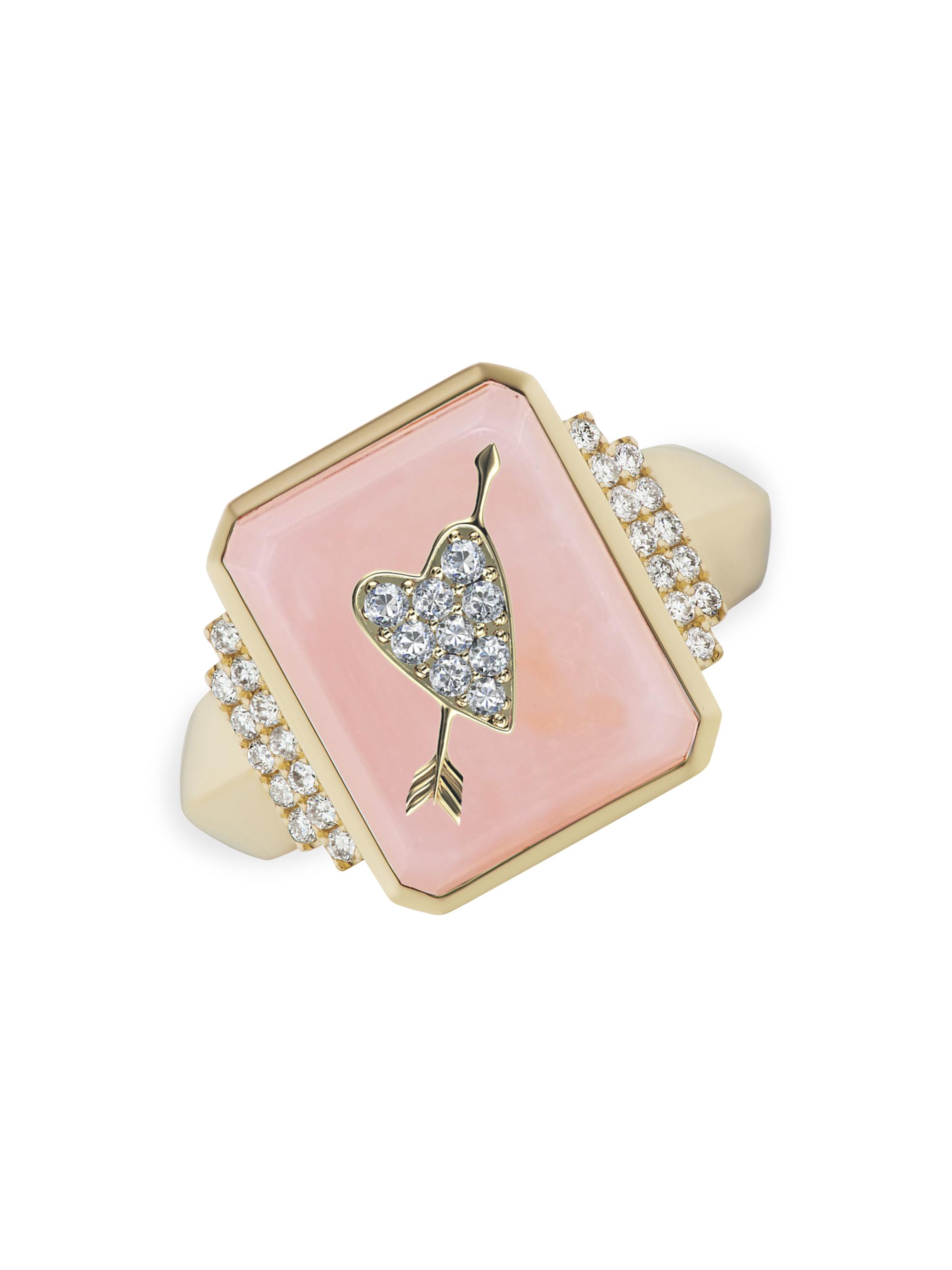 Sorellina Women's 18K Yellow Gold, Pink Opal & Diamond Heart & Arrow Signet Ring - Pink Opal
