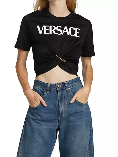 Versace Women's Safety Pin Logo Cropped T-Shirt