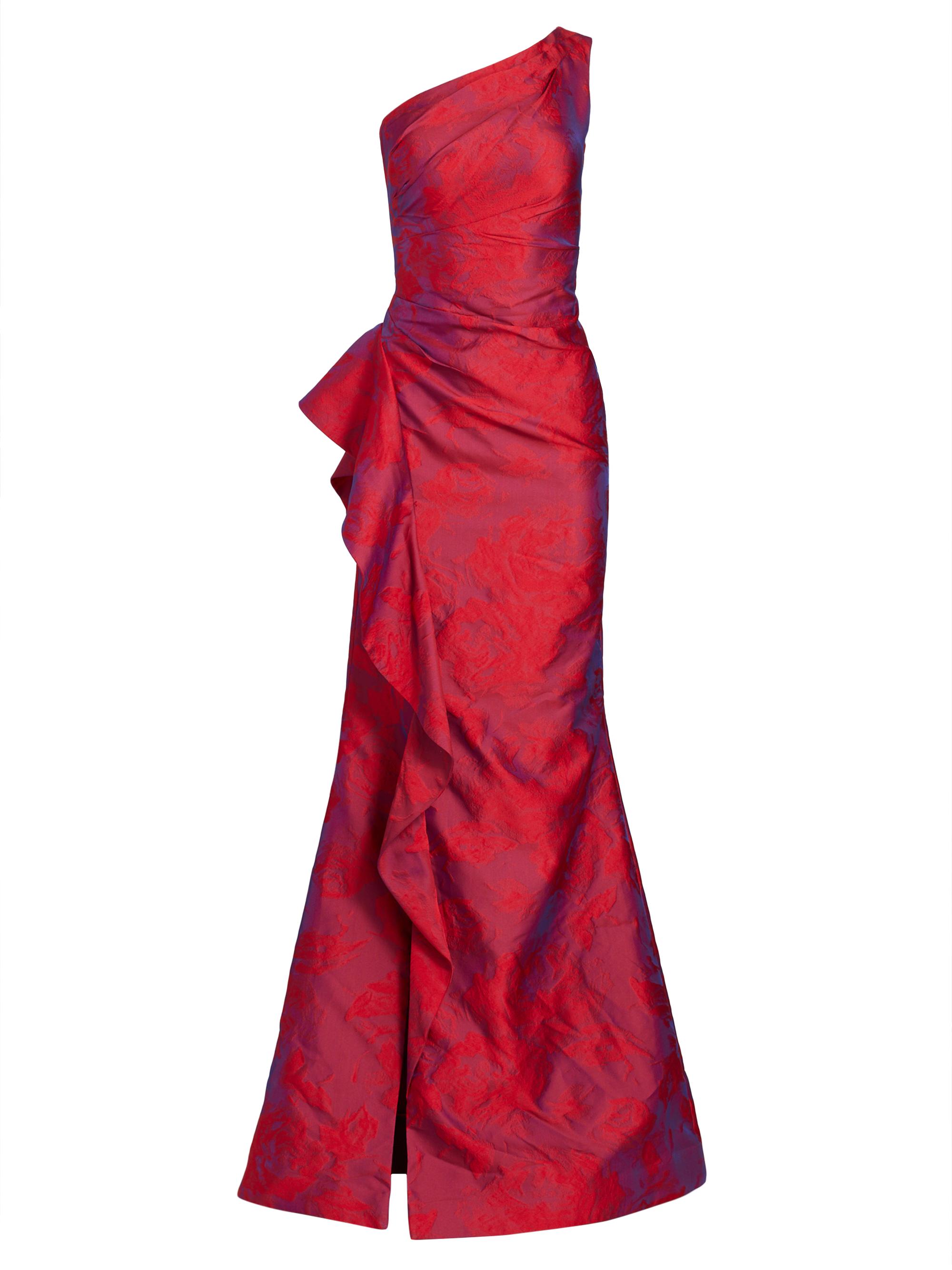 Teri Jon by Rickie Freeman Women's Jacquard One-Shoulder Ruched Gown - Fuchsia Red