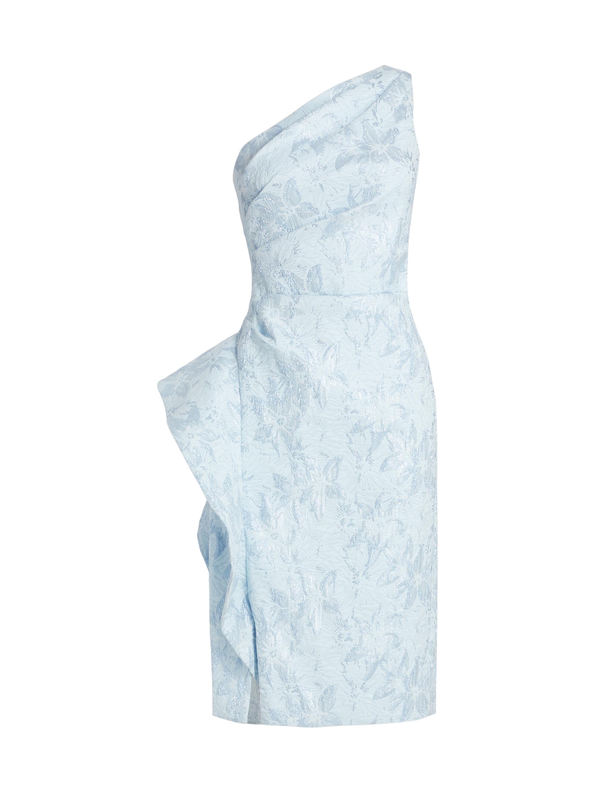 Teri Jon by Rickie Freeman One-Shoulder Jacquard Rouched Side-Peplum Dress  | Saks Fifth Avenue
