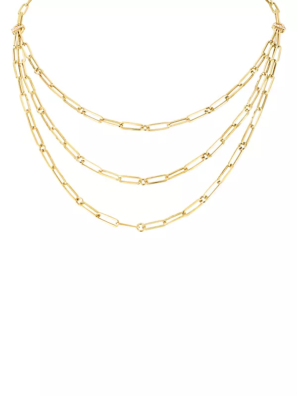18K Yellow Gold & Diamond Triple-Strand Paper Clip Chain Necklace