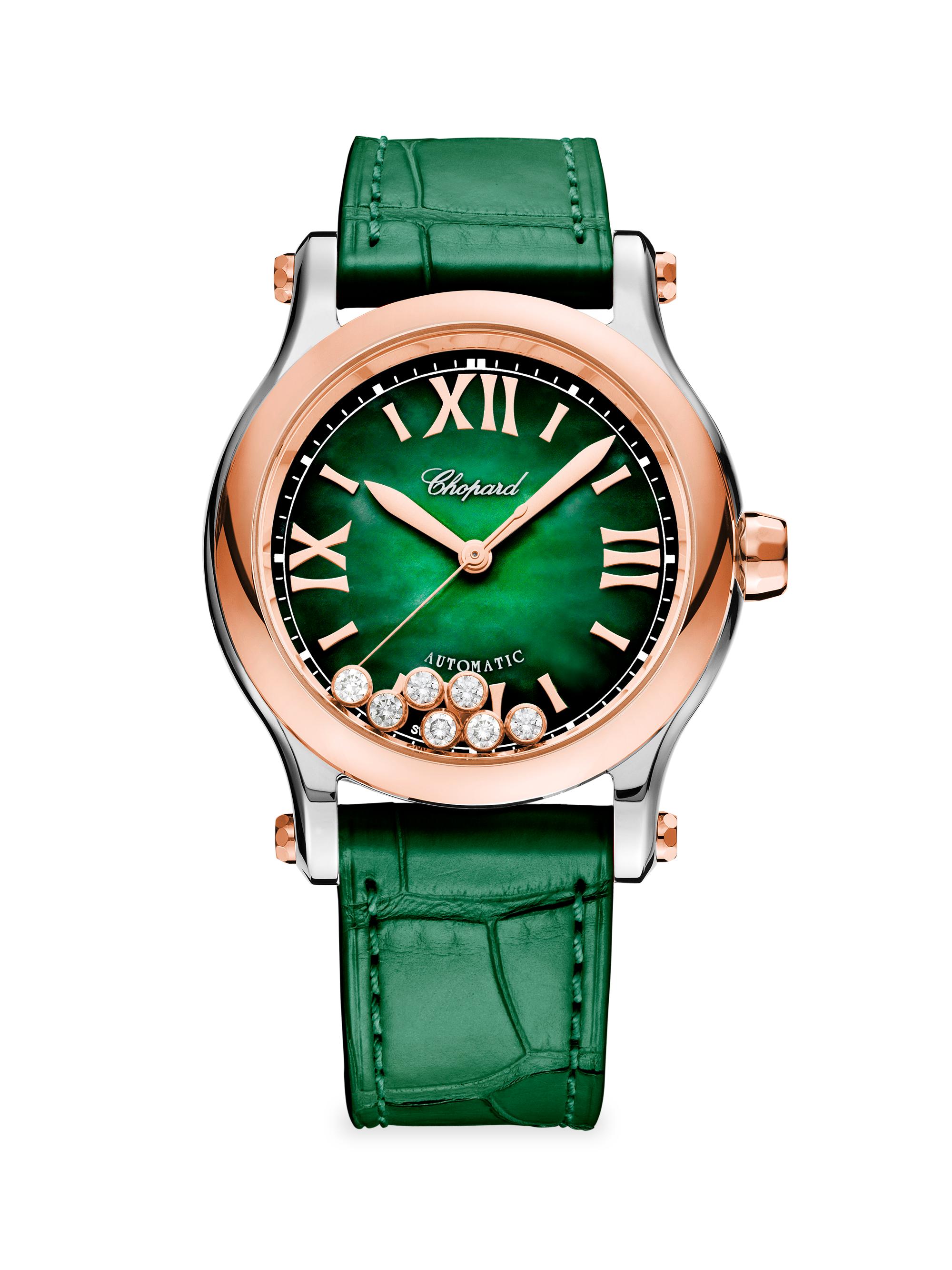 Chopard Women's Happy Sport Stainless Steel, 18K Rose Gold, Diamond & Alligator Leather Strap Watch - Green