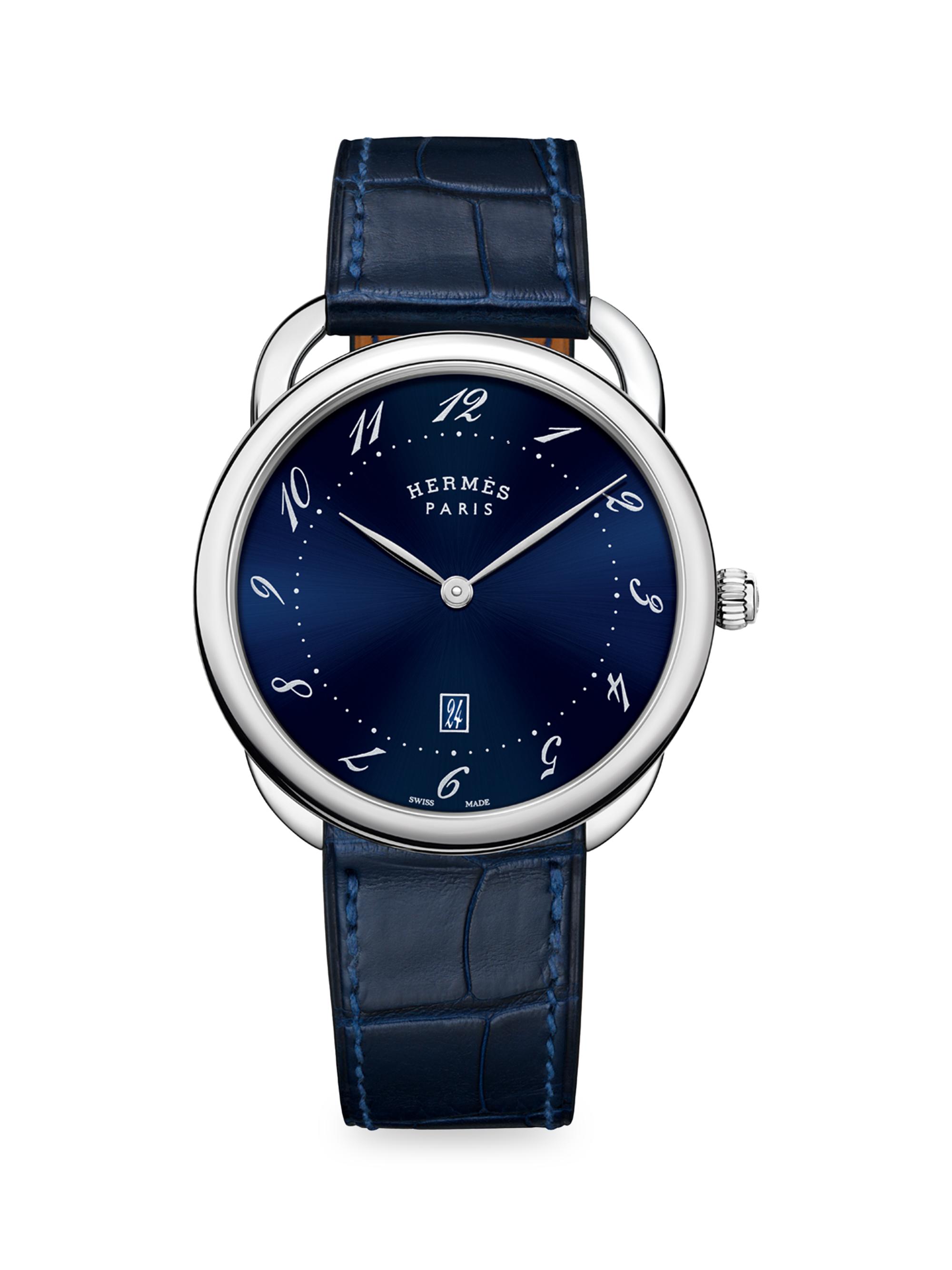 HERMÈS Women's Arceau 40MM Stainless Steel & Alligator Strap Watch - Navy