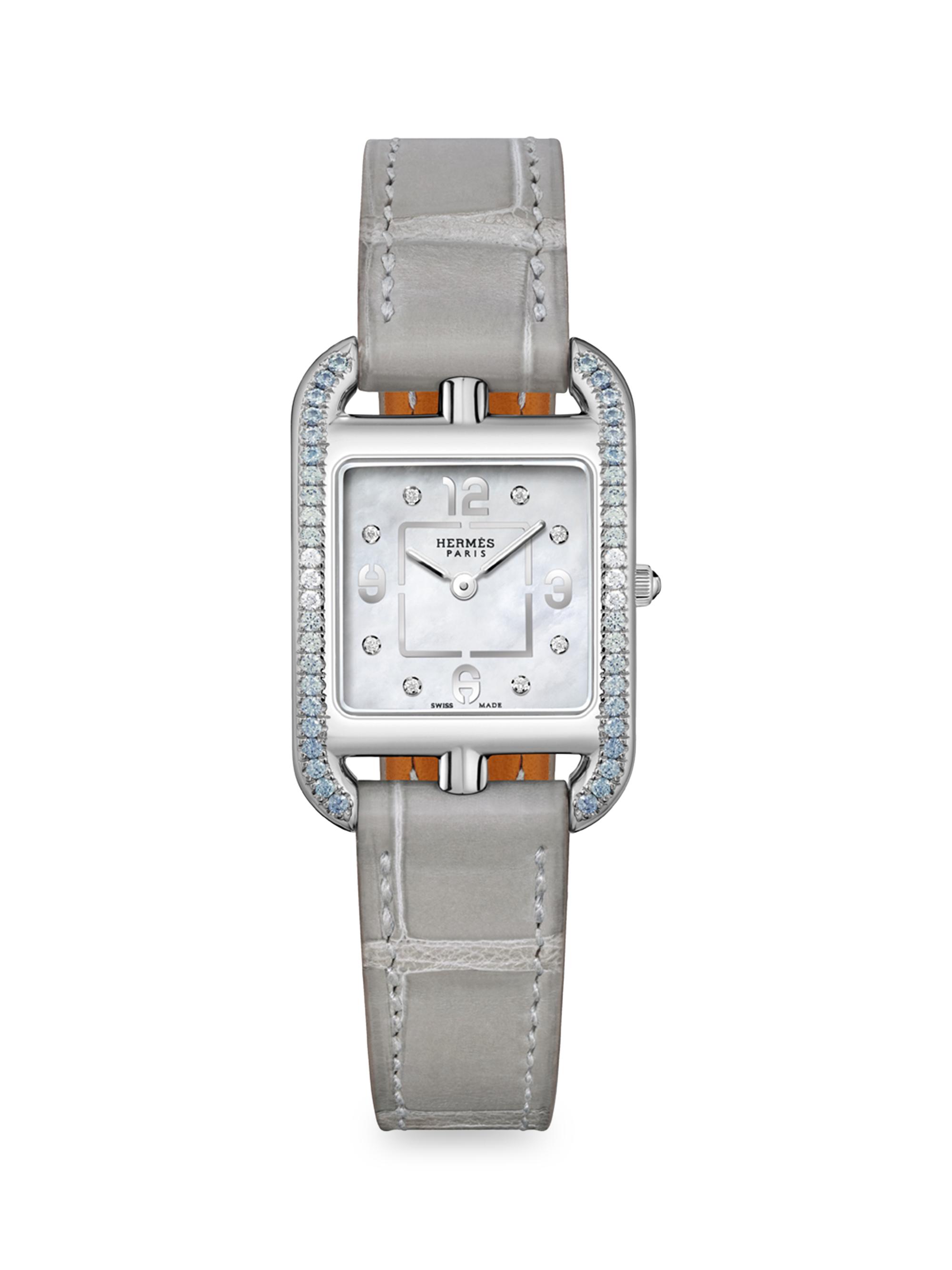 HERMÈS Women's Cape Cod 31MM Stainless Steel, Multi-Stone & Alligator Strap Watch - Grey