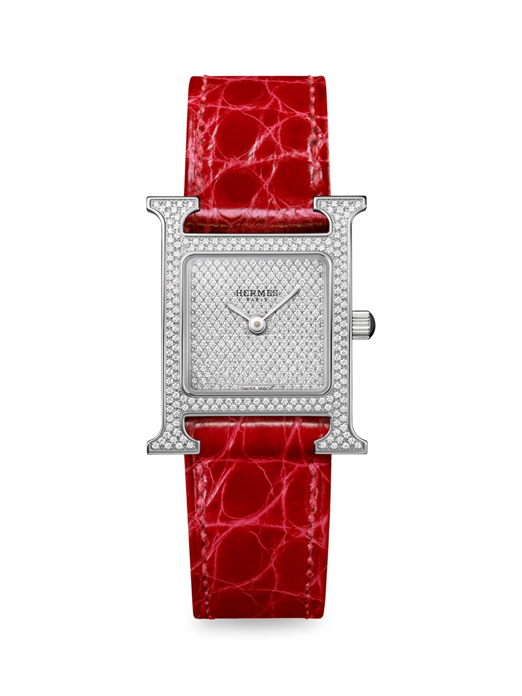 HERMÈS Heure H Stainless Steel, 0.41 TCW Diamond & Alligator Strap