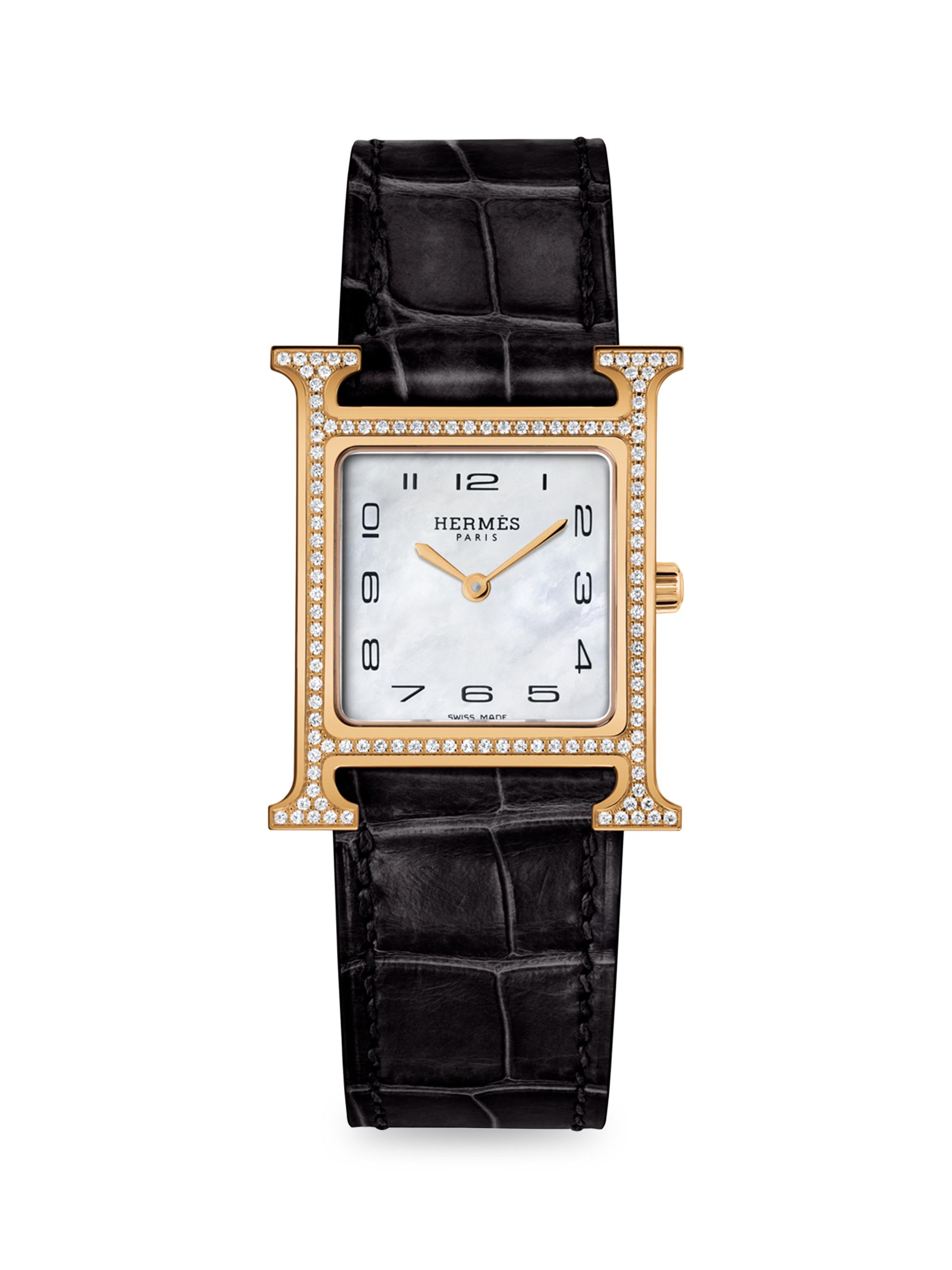 HERMÈS Women's Heure H 30MM 18K Rose Gold, Diamond & Alligator Strap Watch - Black