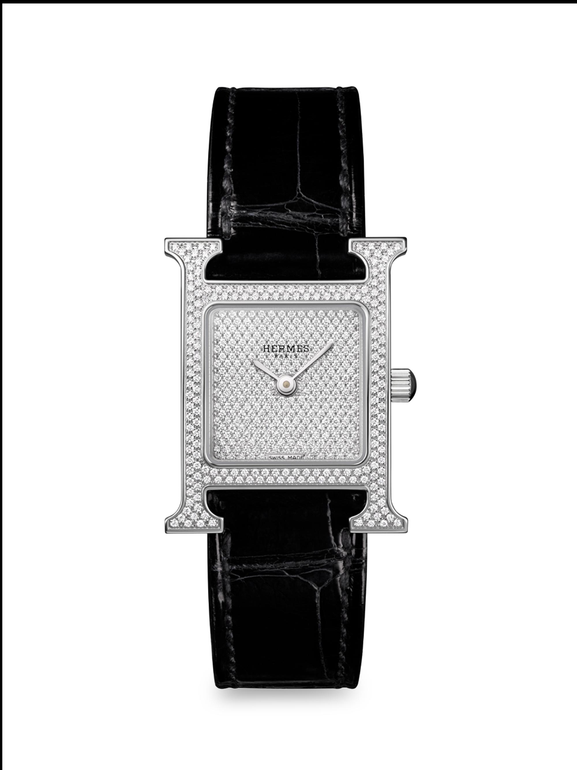 HERMÈS Women's Heure H 25MM Stainless Steel, Diamond & Alligator Strap Watch - Black