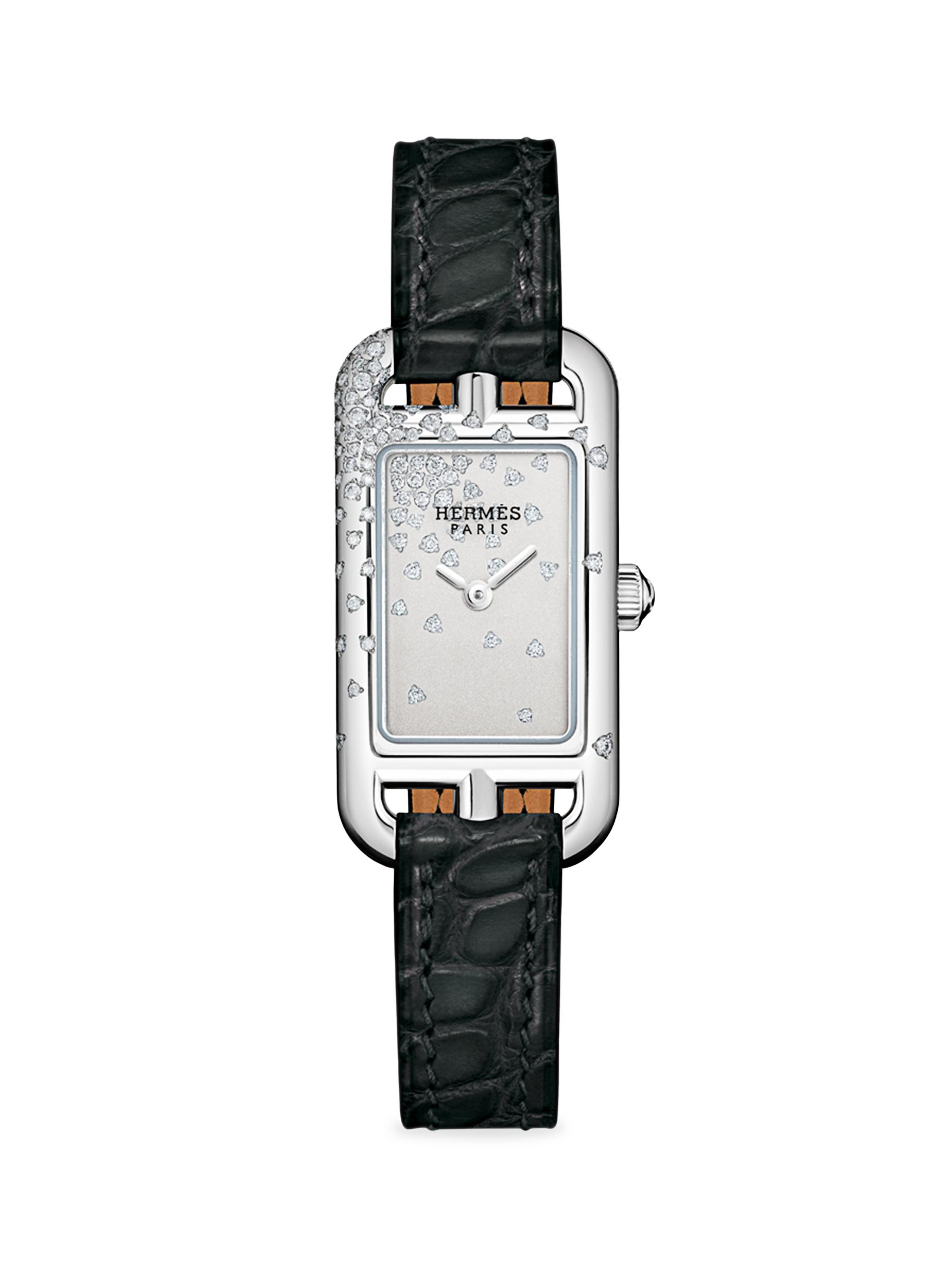 HERMÈS Nantucket 33MM Stainless Steel, Diamond & Alligator Strap