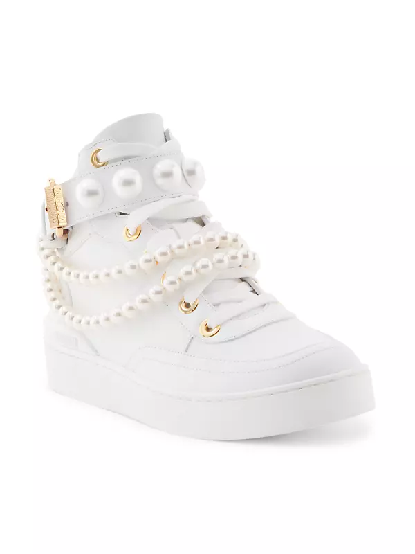 Faux Pearl Embellished Leather Basket Sneakers