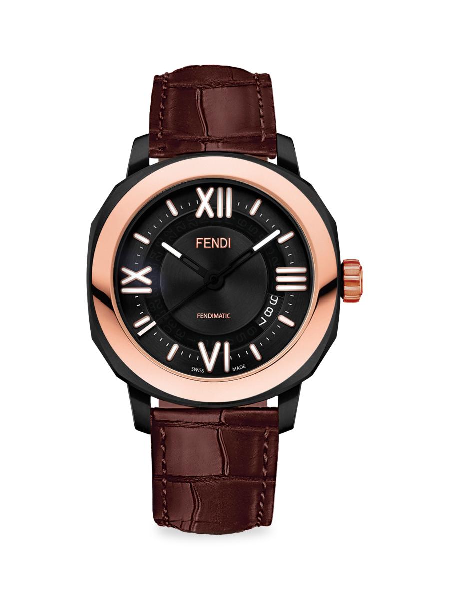 Fendi Selleria 18K Rose Gold & Black Leather Strap Watch | Saks