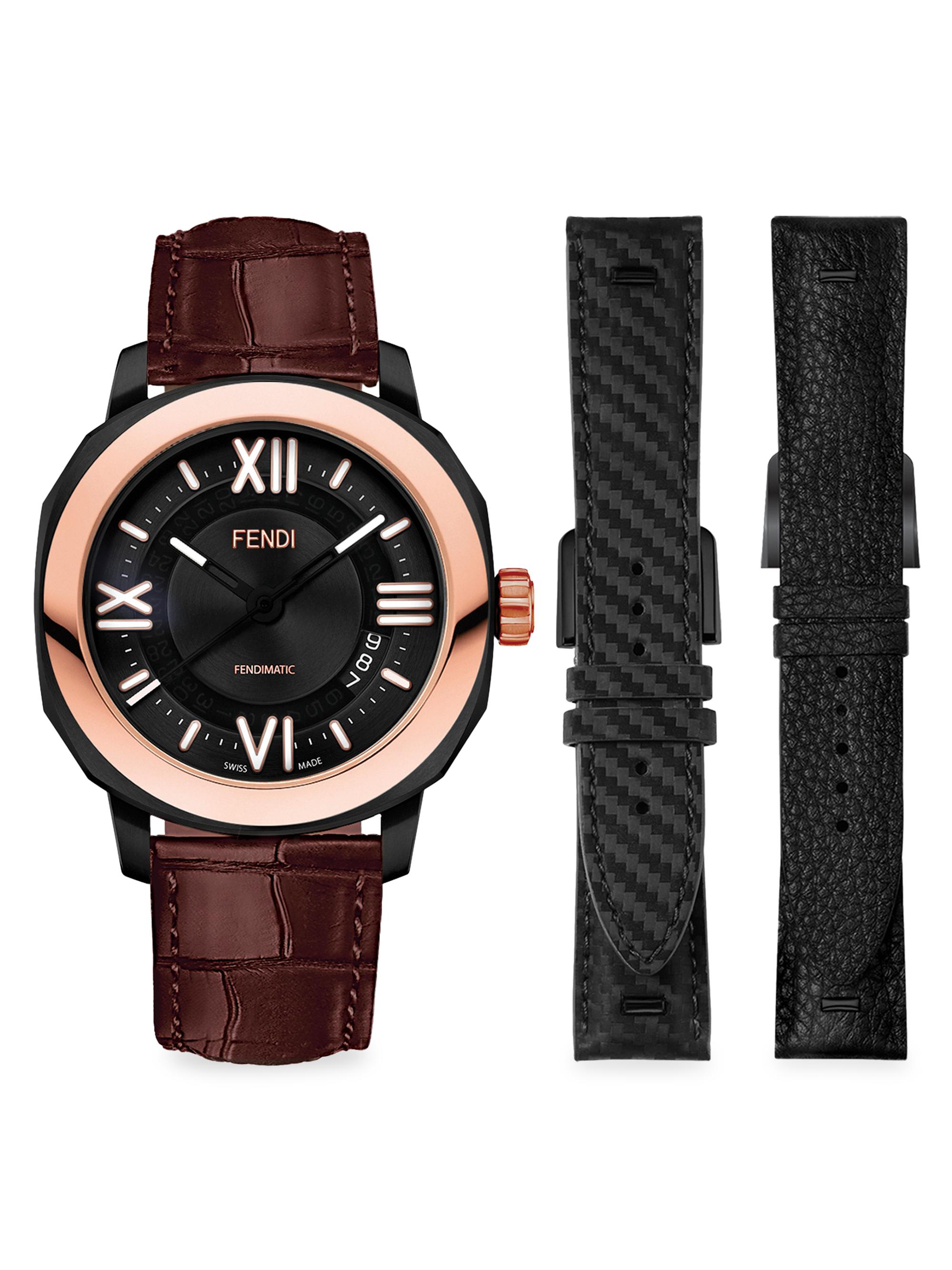 Fendi Selleria 18K Rose Gold & Black Leather Strap Watch | Saks