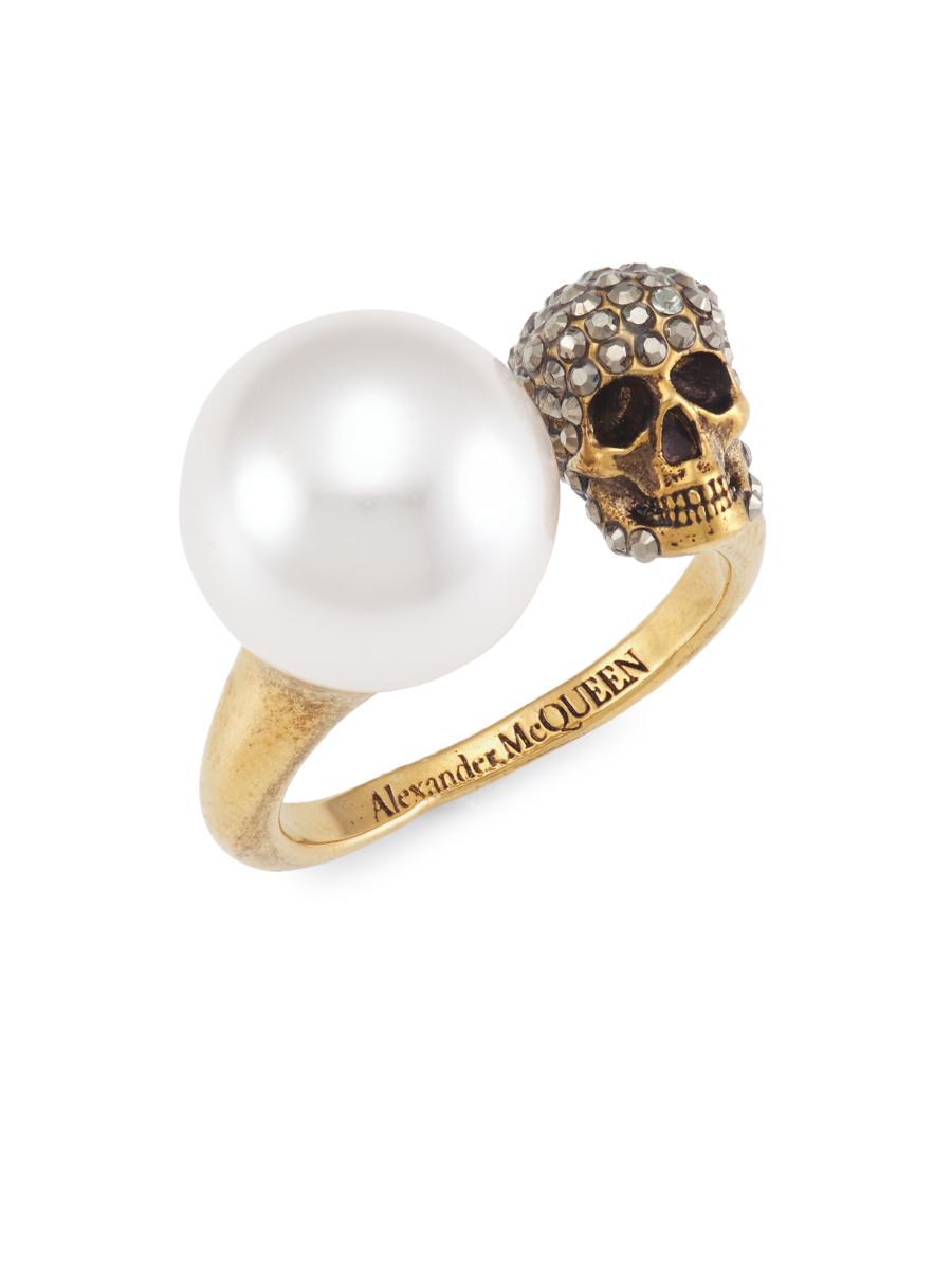 【ALEXANDER MCQUEEN】パヴェスカルリング McQueen Goldtone, Faux Pearl & Swarovski Crystal Skull Ring