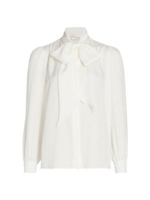 Saint Laurent pussy-bow collar longline shirt - Neutrals