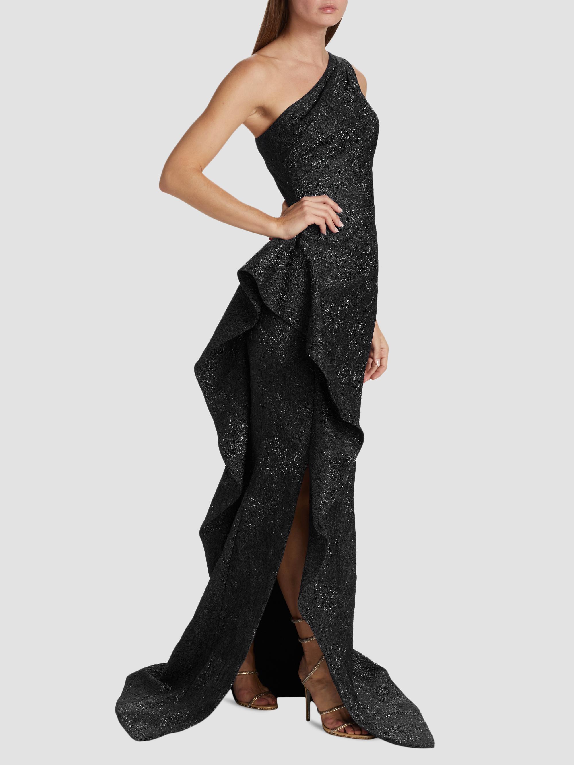 Teri Jon by Rickie Freeman Women's Metallic Jacquard One-Shoulder Gown - Black | Thumbnail 3