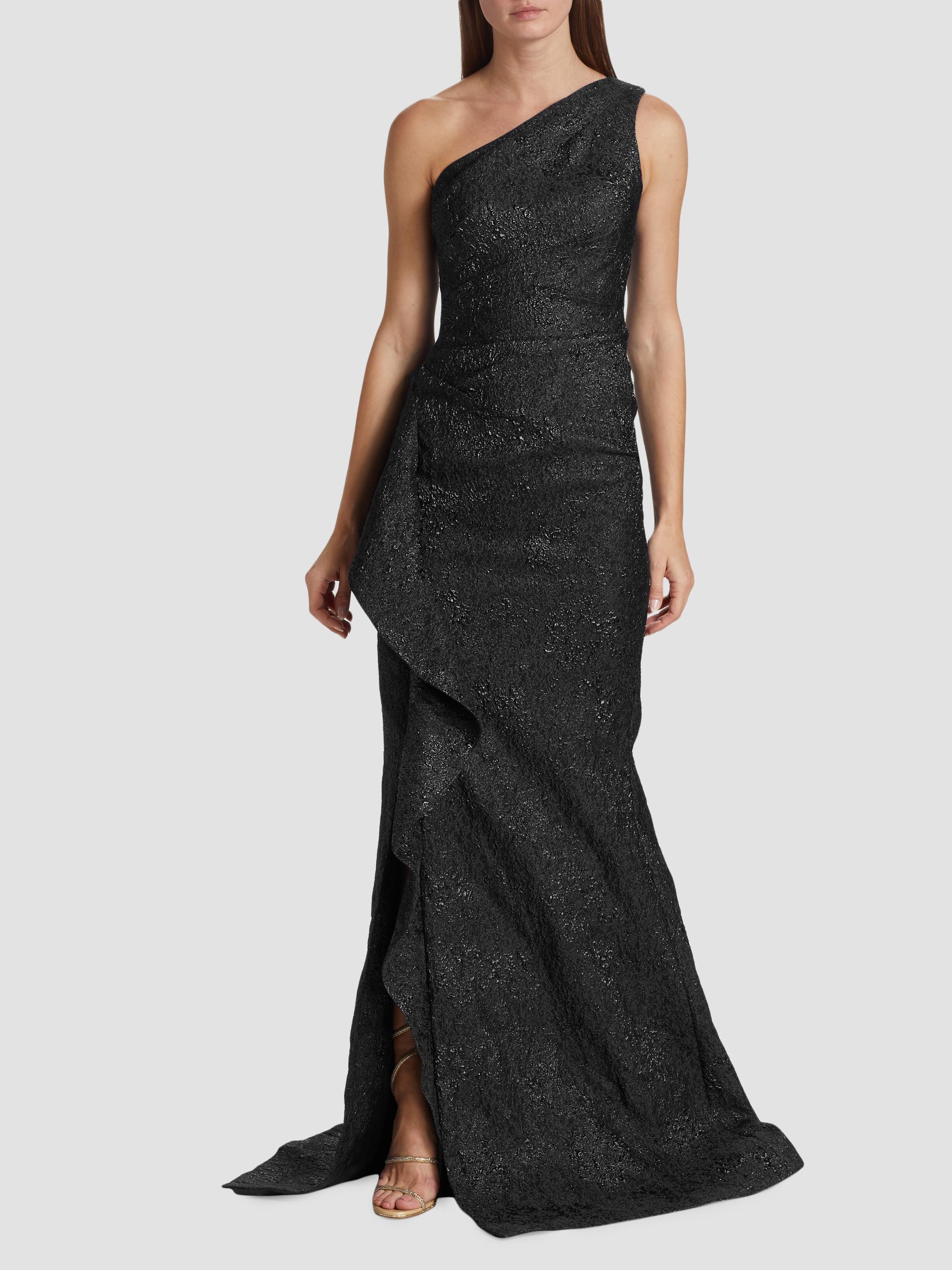 Teri Jon by Rickie Freeman Women's Metallic Jacquard One-Shoulder Gown - Black | Thumbnail 2
