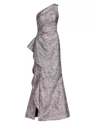 Metallic Jacquard One-Shoulder Gown