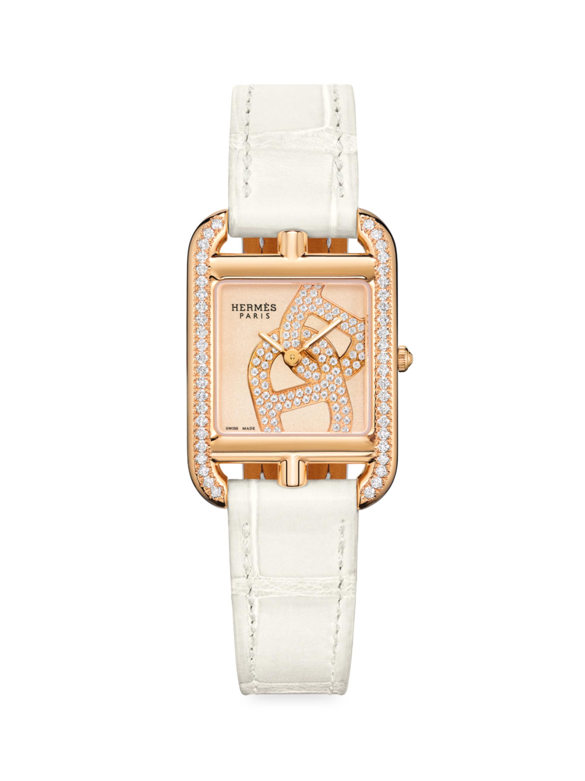 HERMÈS Women's Cape Cod 31MM Chain D'Ancre 18K Rose Gold, Diamond & Alligator Strap Watch - White