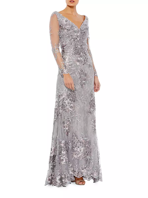 Beaded Lace V-Neck Gown