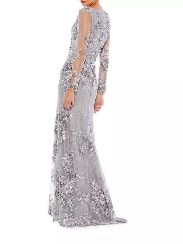 Beaded Lace V-Neck Gown