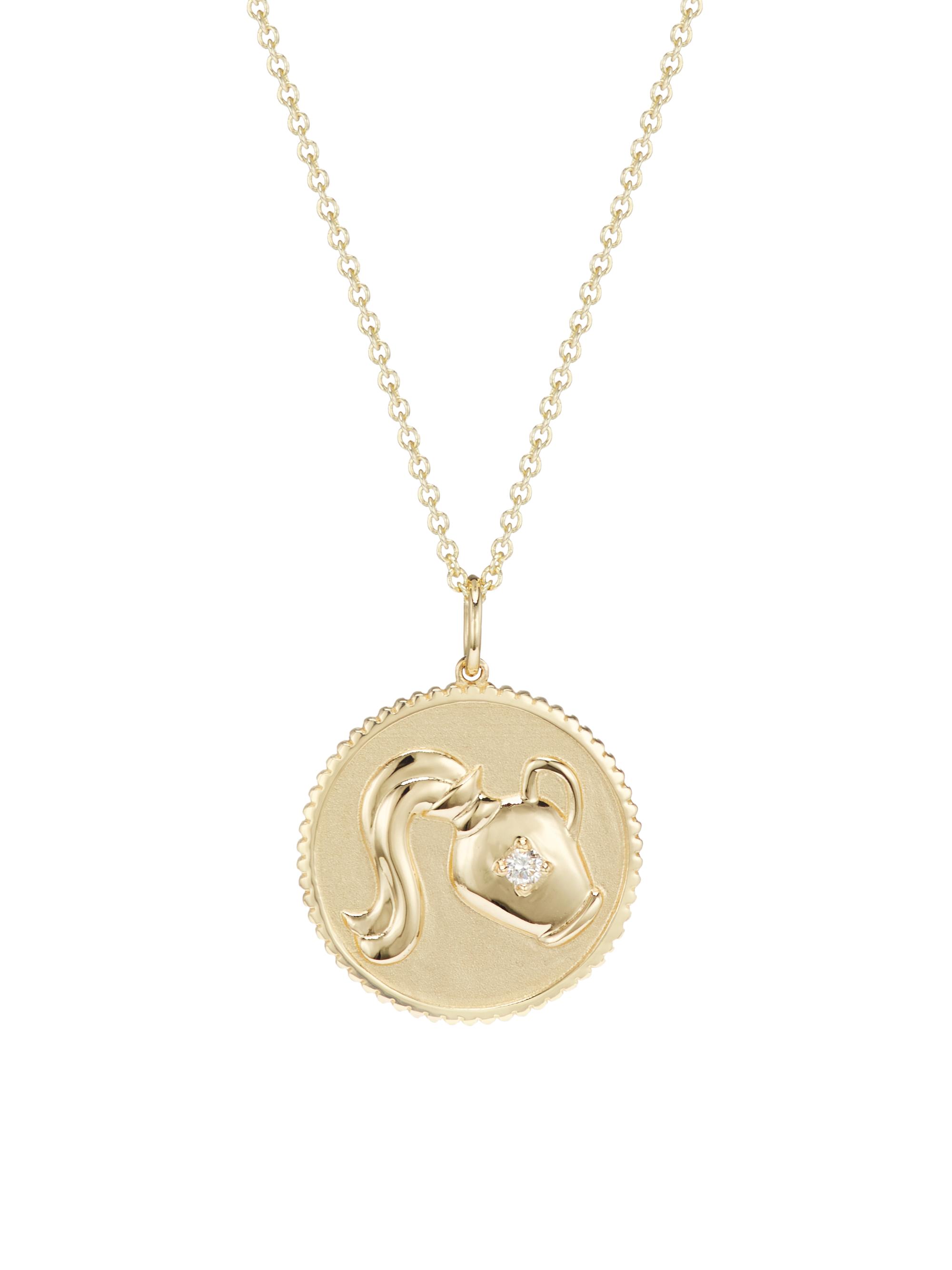 Sydney Evan Women's 14K Yellow Gold & Diamond  Zodiac Medallion Pendant Necklace - Aquarius
