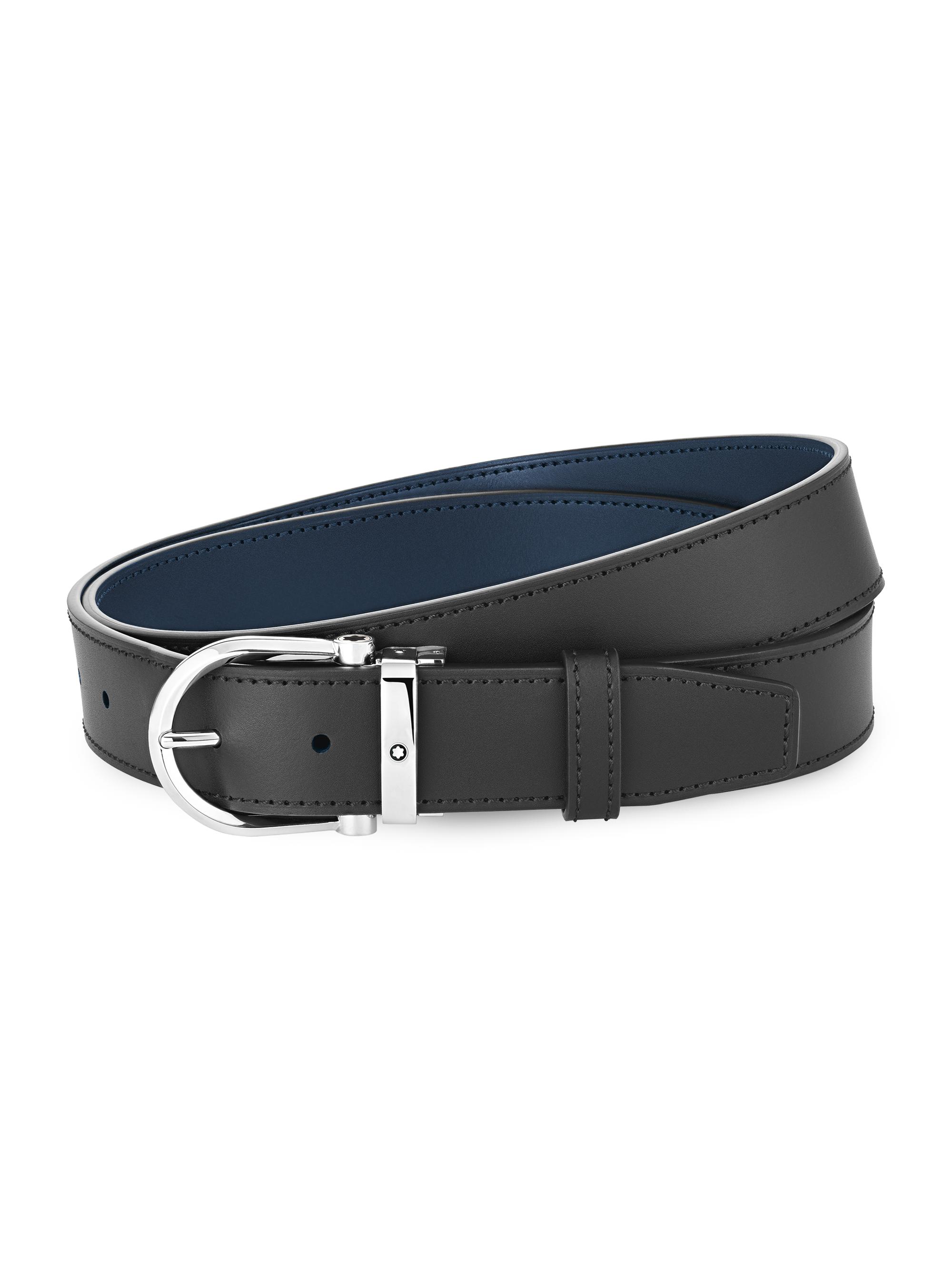 Montblanc Men's Horseshoe Leather Stainless Steel Belt - Black Blue