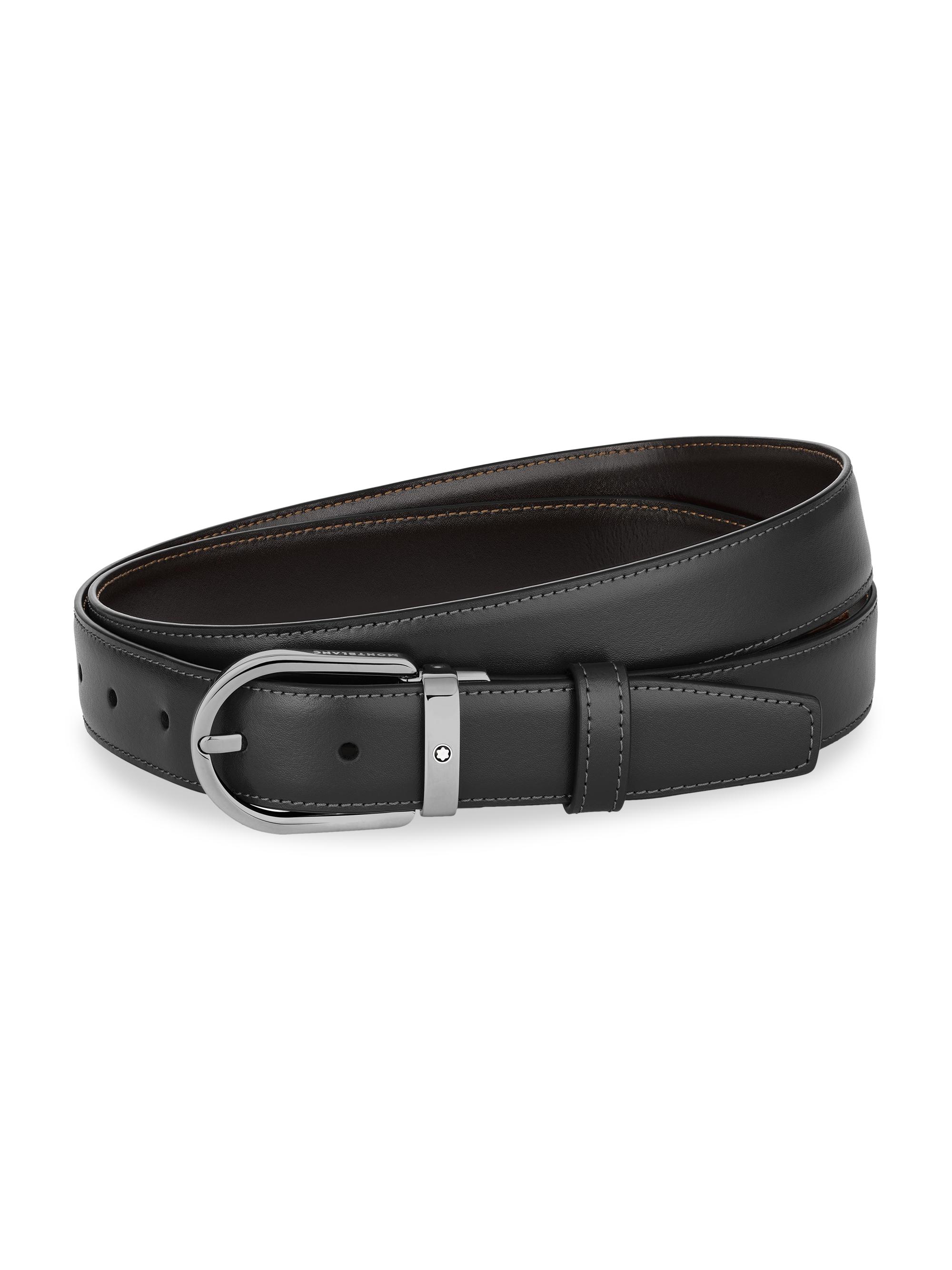 Montblanc Men's Horseshoe Leather Ruthenium-Finish Buckle Belt - Black