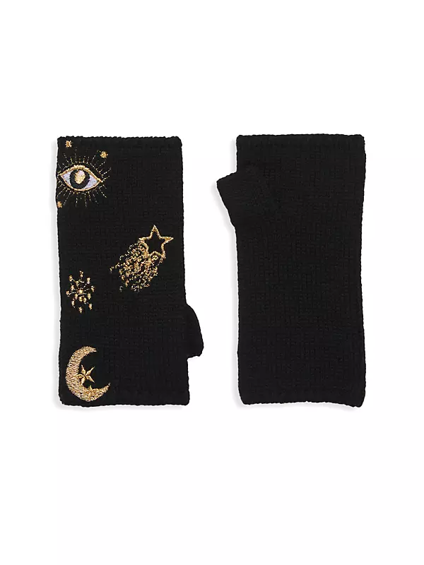 Ribbed Merino Wool Celestial-Embroidered Fingerless Gloves