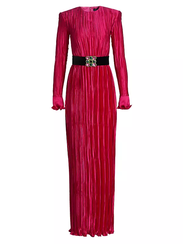 Pleated Silk Belted Column Gown