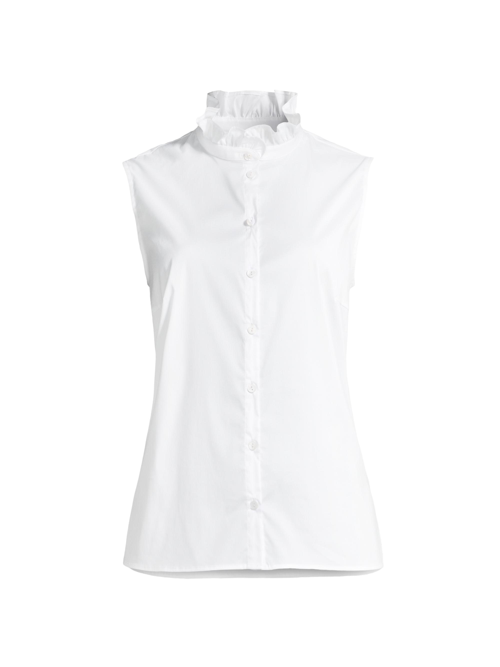 Misook Women's Ruffle Neck Stretch Cotton Blouse - White