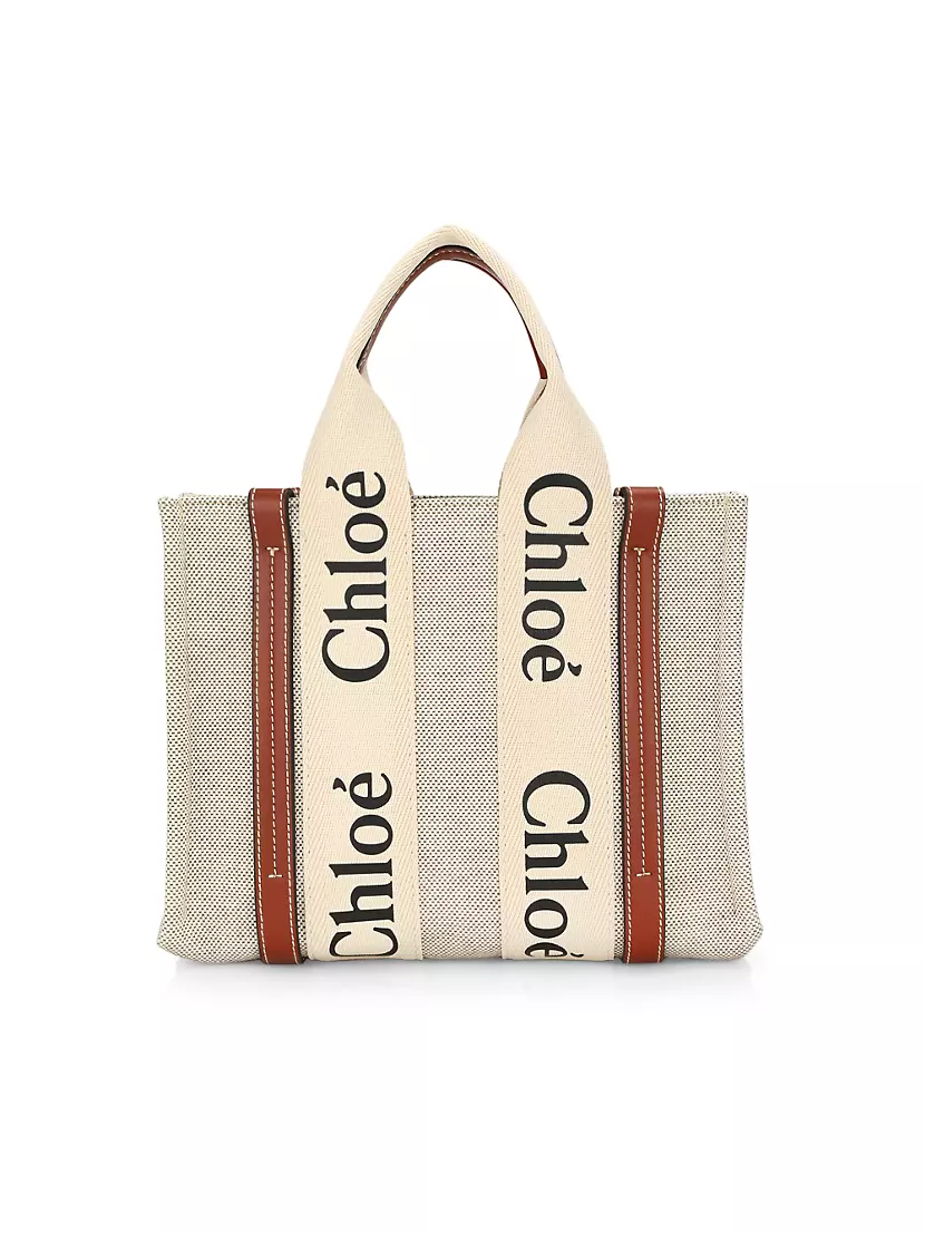 Chloé Woody Large Linen Canvas And Shiny Calfskin Tote Bag (Totes