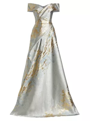 LE’RURE　Shoulder ribbon jacquard dress Rene Ruiz Collection Jacquard Off-The-Shoulder Gown | Saks Fifth