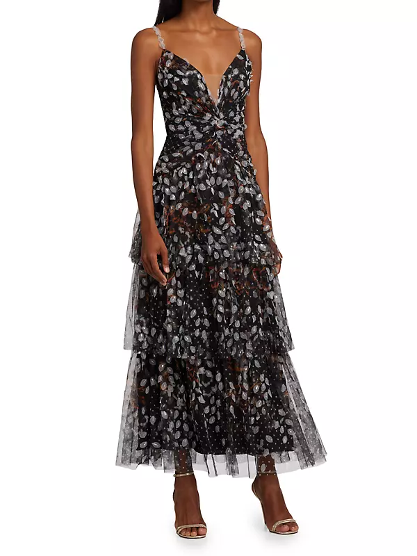 Printed Dot Tulle Ruffle Gown