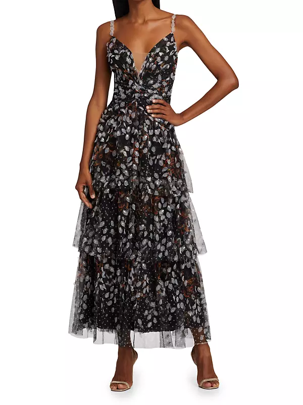 Printed Dot Tulle Ruffle Gown