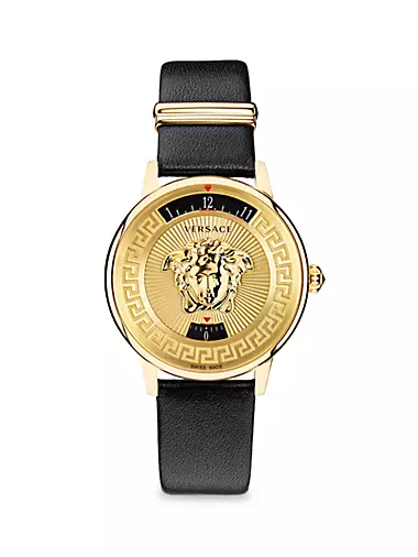 Medusa Icon IP Yellow Gold Leather Strap Watch