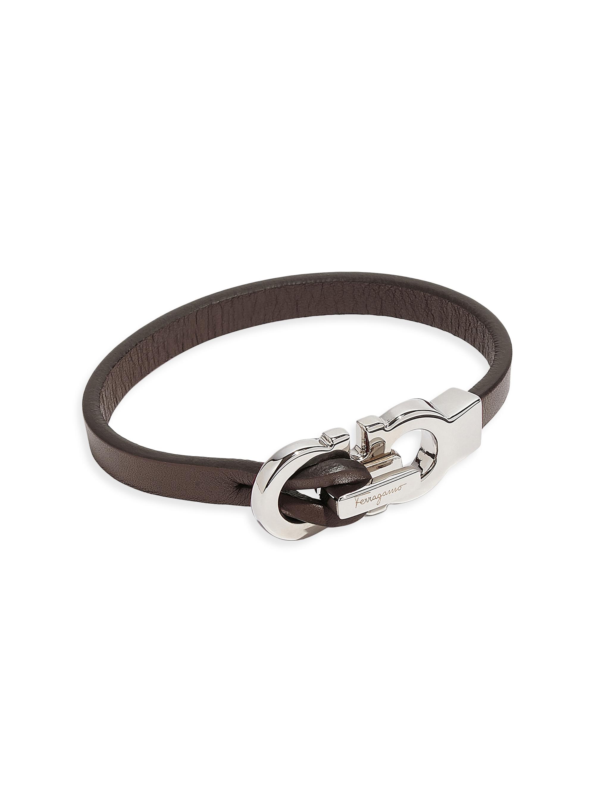 FERRAGAMO Men's Gancini Leather Bracelet - Bark Brown