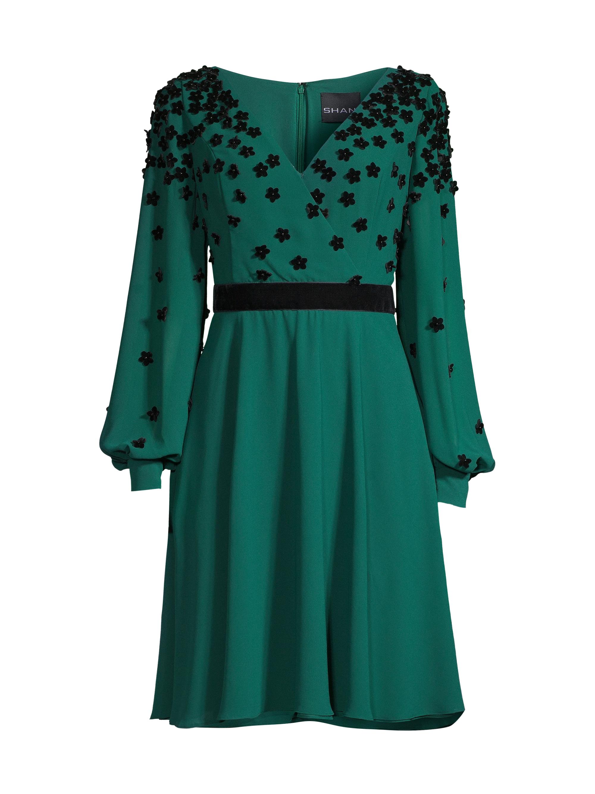 Shani Women's Flocked Velvet Surplice Dress - Green