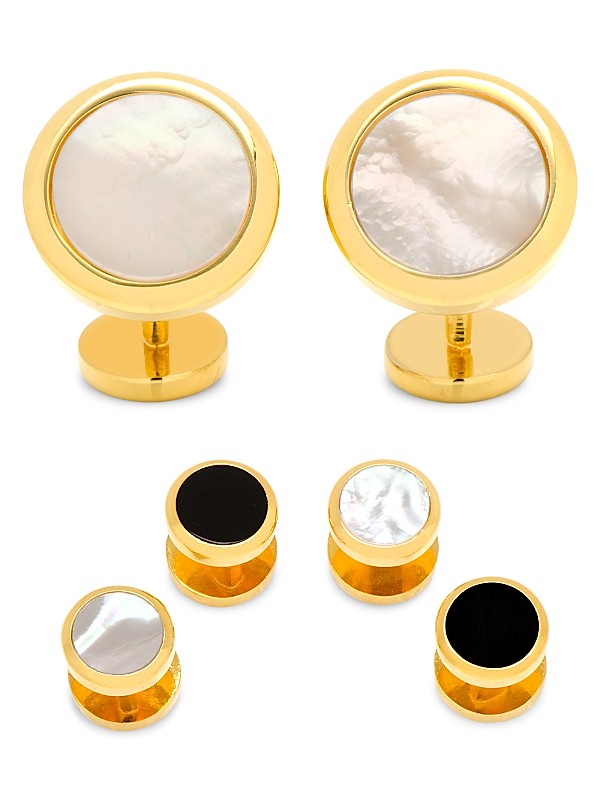 White Circular Mother of Pearl with Gold Diamond Cut Edge Studs and Cufflinks Set White Circular Mother of Pearl with Gold Diamond Cut Edge Studs and Cufflinks Set