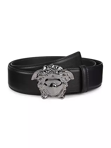 Versace Men's Medusa-buckle Logo Belt - Black Gray Ruthenium - Size 52 - Fall Sale