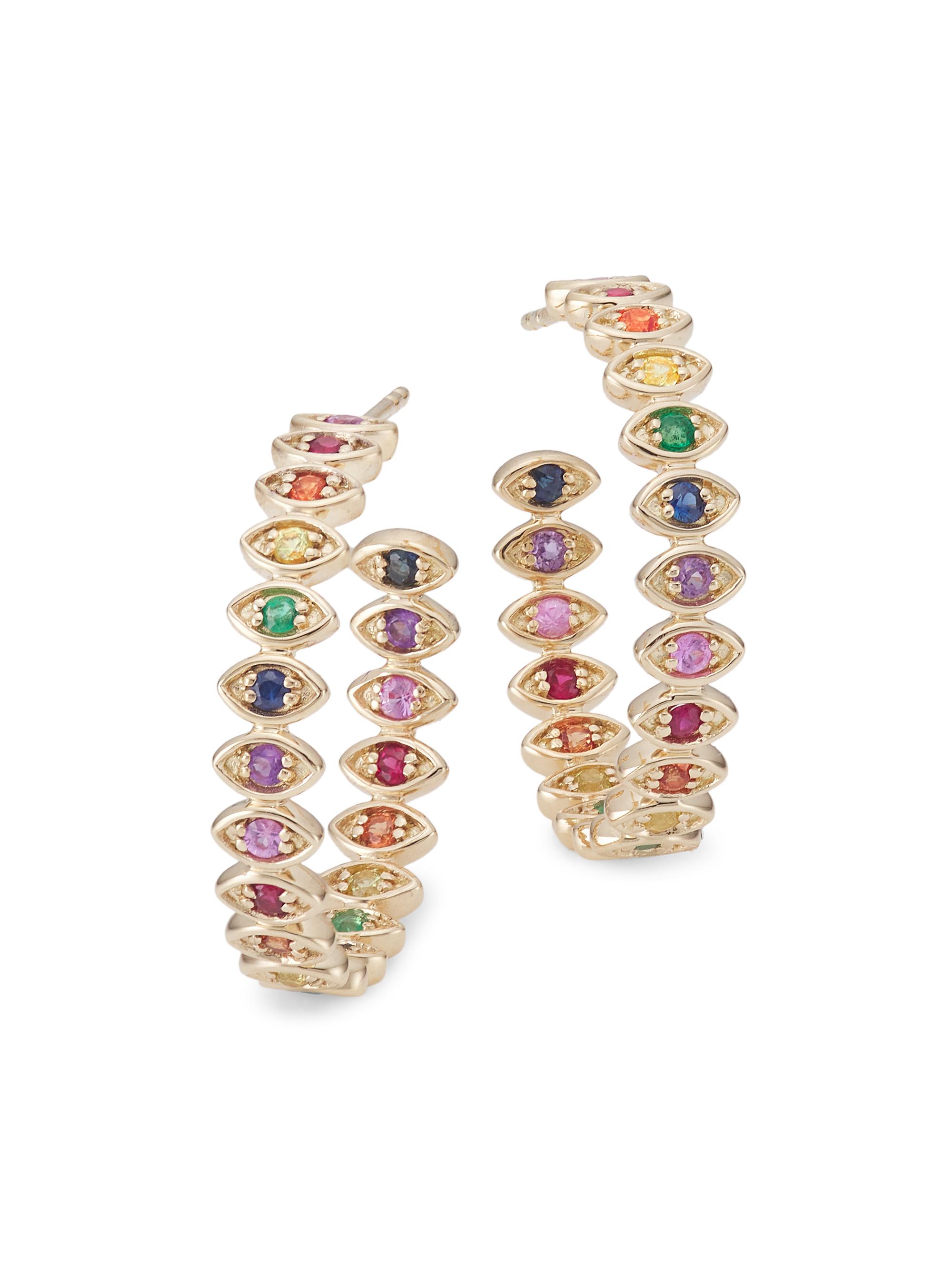 Sydney Evan Women's 14K Yellow Gold & Rainbow Stone  Evil Eye Hoops