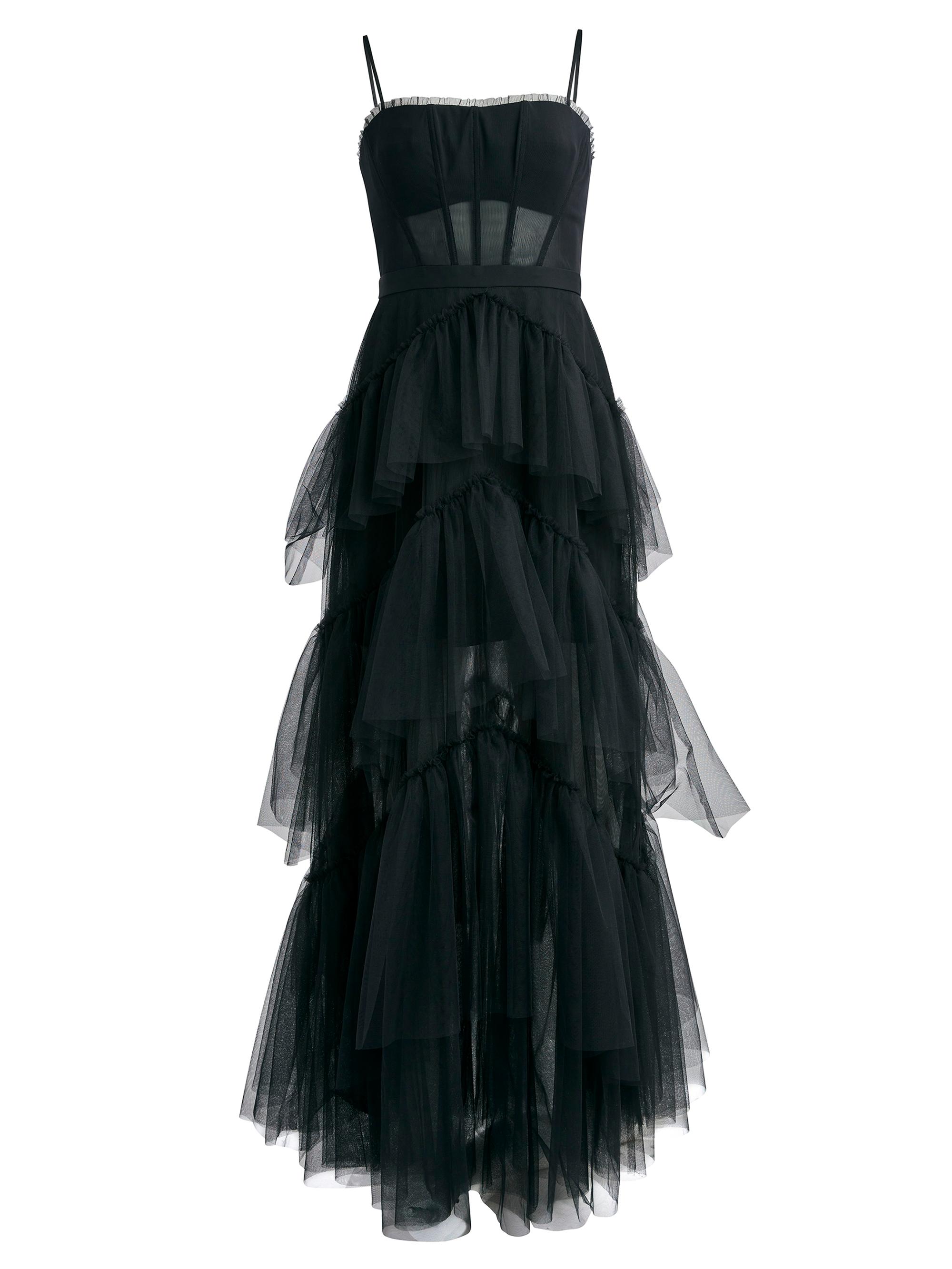 bcbgmaxazria black ruffle dress Lace Bodice Chiffon Rufle Gown