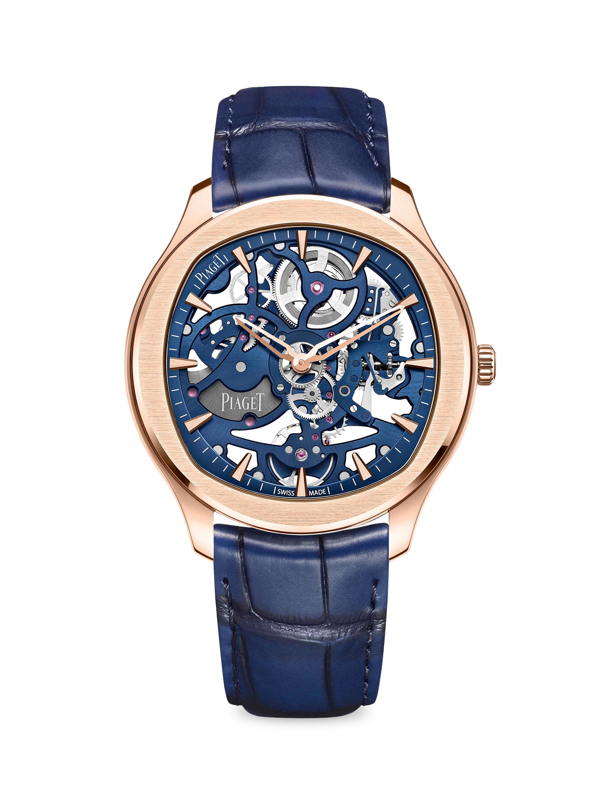 Piaget Women's Polo 18K Rose Gold & Alligator Leather Strap Skeleton Watch - Blue