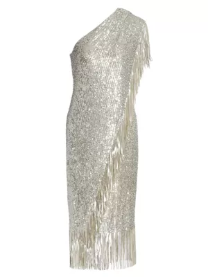 Shop Badgley Mischka Fringed Sequin One-Shoulder Dress | Saks Fifth Avenue