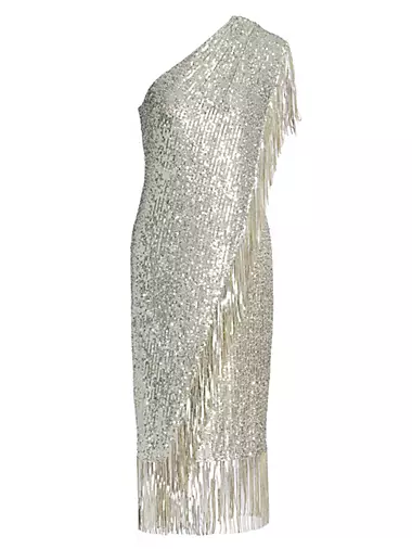 Fringed Sequin One-Shoulder Dress