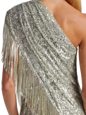 Shop Badgley Mischka Fringed Sequin One-Shoulder Dress | Saks Fifth Avenue