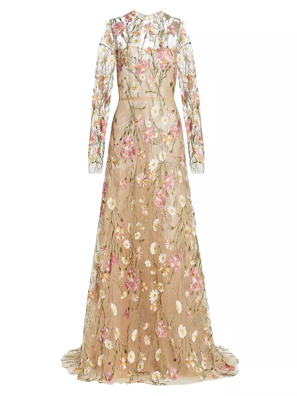 Resort Floral-Embroidered A-Line Gown
