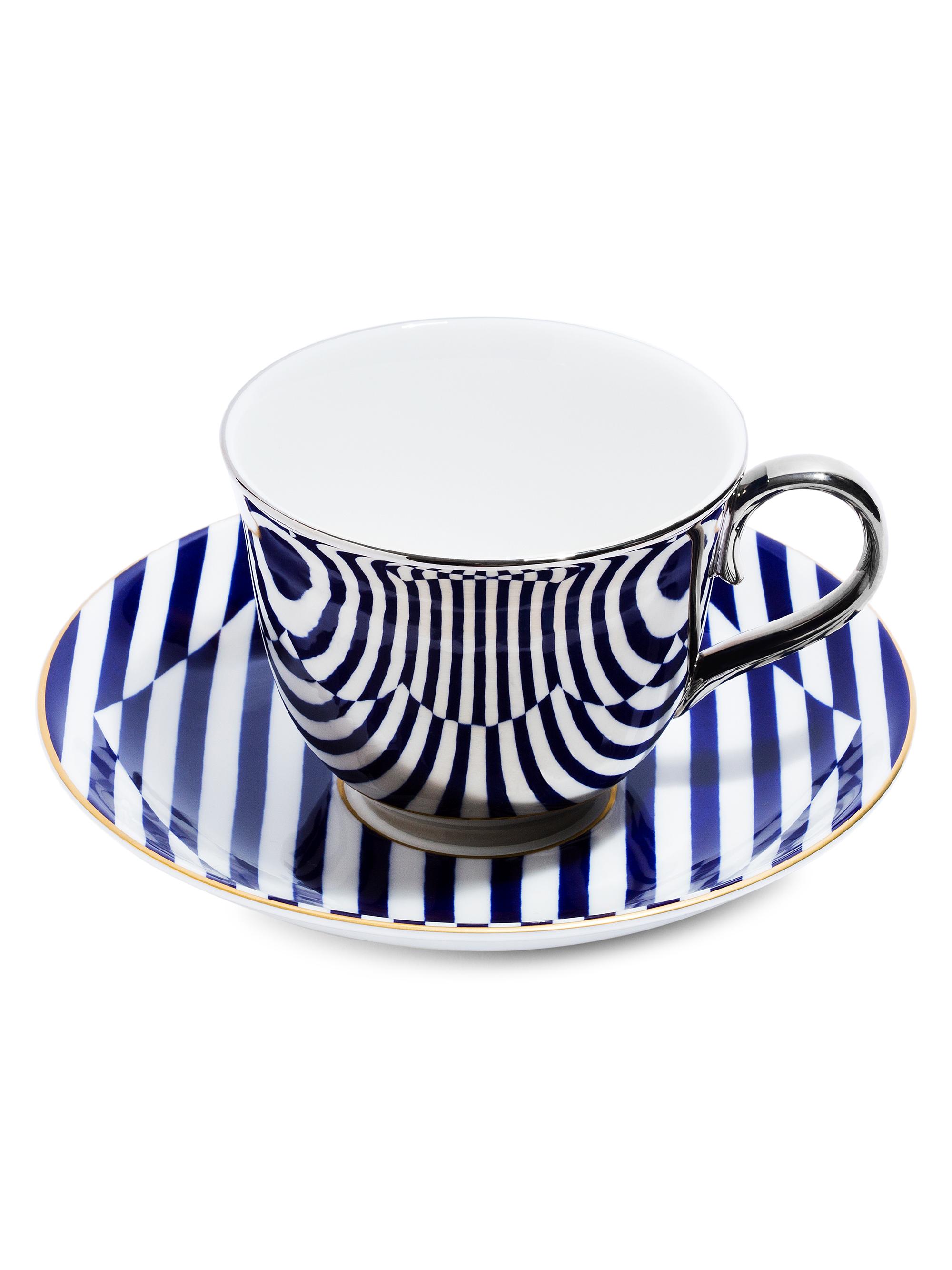 Richard Brendon The Superstripe Tea Saucer & Platinum Teacup - Navy White Gold