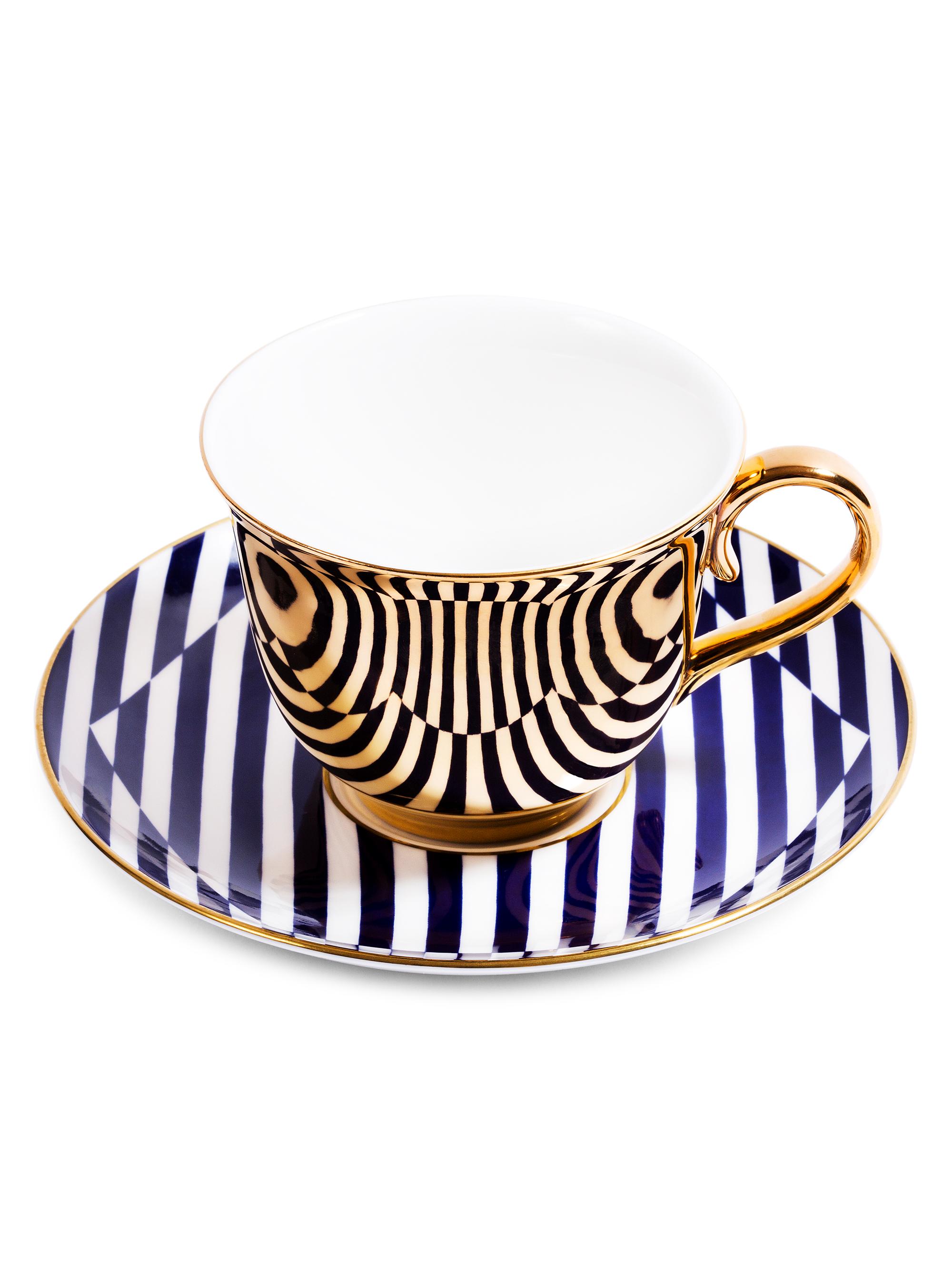 Richard Brendon The Superstripe Tea Saucer & Gold Teacup - Navy White Gold