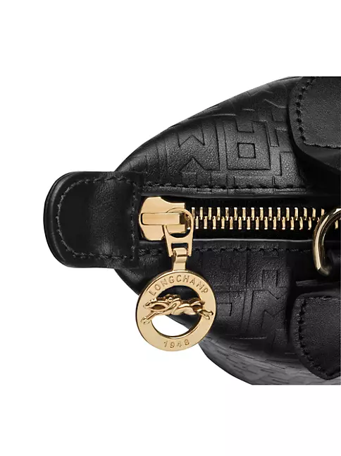 Longchamp Medium Le Pliage Cuir Croco Top Handle Black Leather