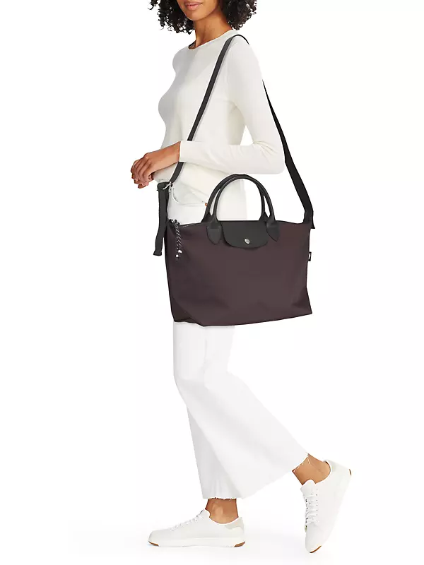Vlog: Longchamp Le Pliage Cuir LGP XS Top Handle Bag, Denim Shirt